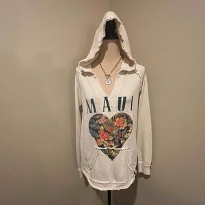 MAUI Floral Heart Island Hooded Pullover - Raw Hem, Cream, size Large